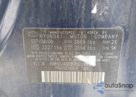 2007 Hyundai Elantra Gls/Limited/Se из США, поврежденный, VIN KMHDU46D87U026450